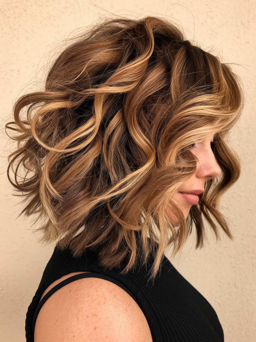 7. Inverted Curly Lob with Highlights