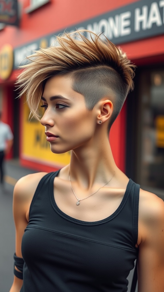 A woman with an edgy undercut hairstyle featuring a long top, showcasing a stylish and modern look.