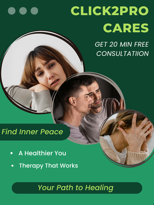 Click2Pro therapy ad featuring individuals overcoming troubling emotions with professional support.