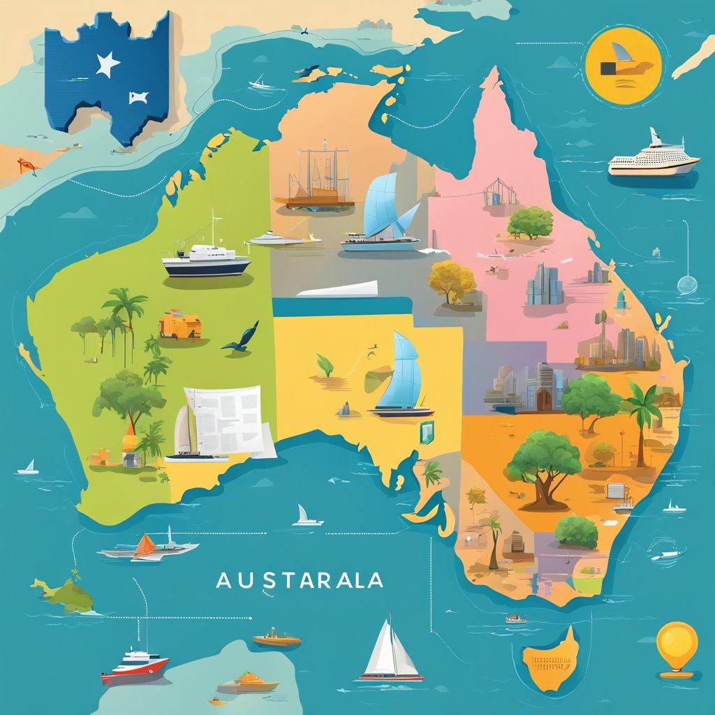 A colorful map of Australia with various safety symbols and legal documents scattered around it