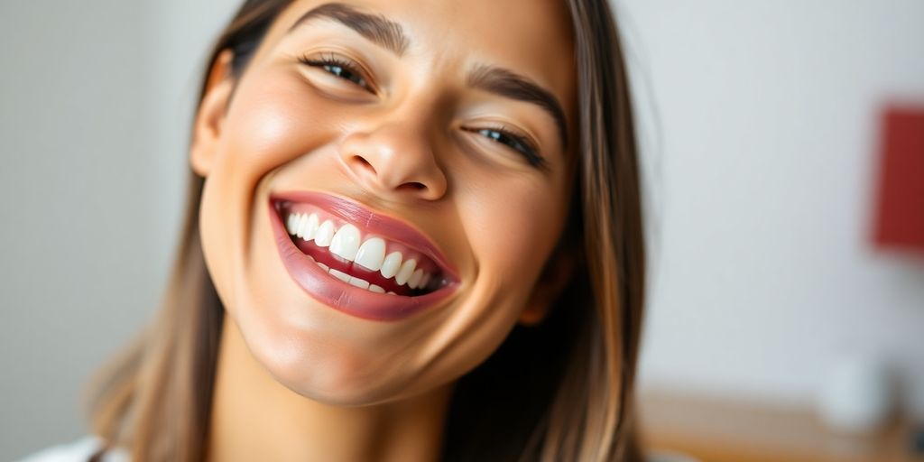 Person smiling with dental implants, showing confidence and joy.