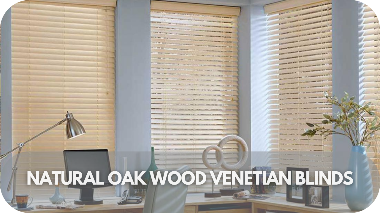 Sophisticated natural oak wood Venetian blinds for a timeless, rustic look.