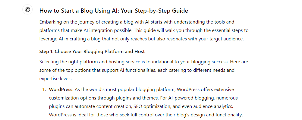 Selection process on how to create a blog using AI tools