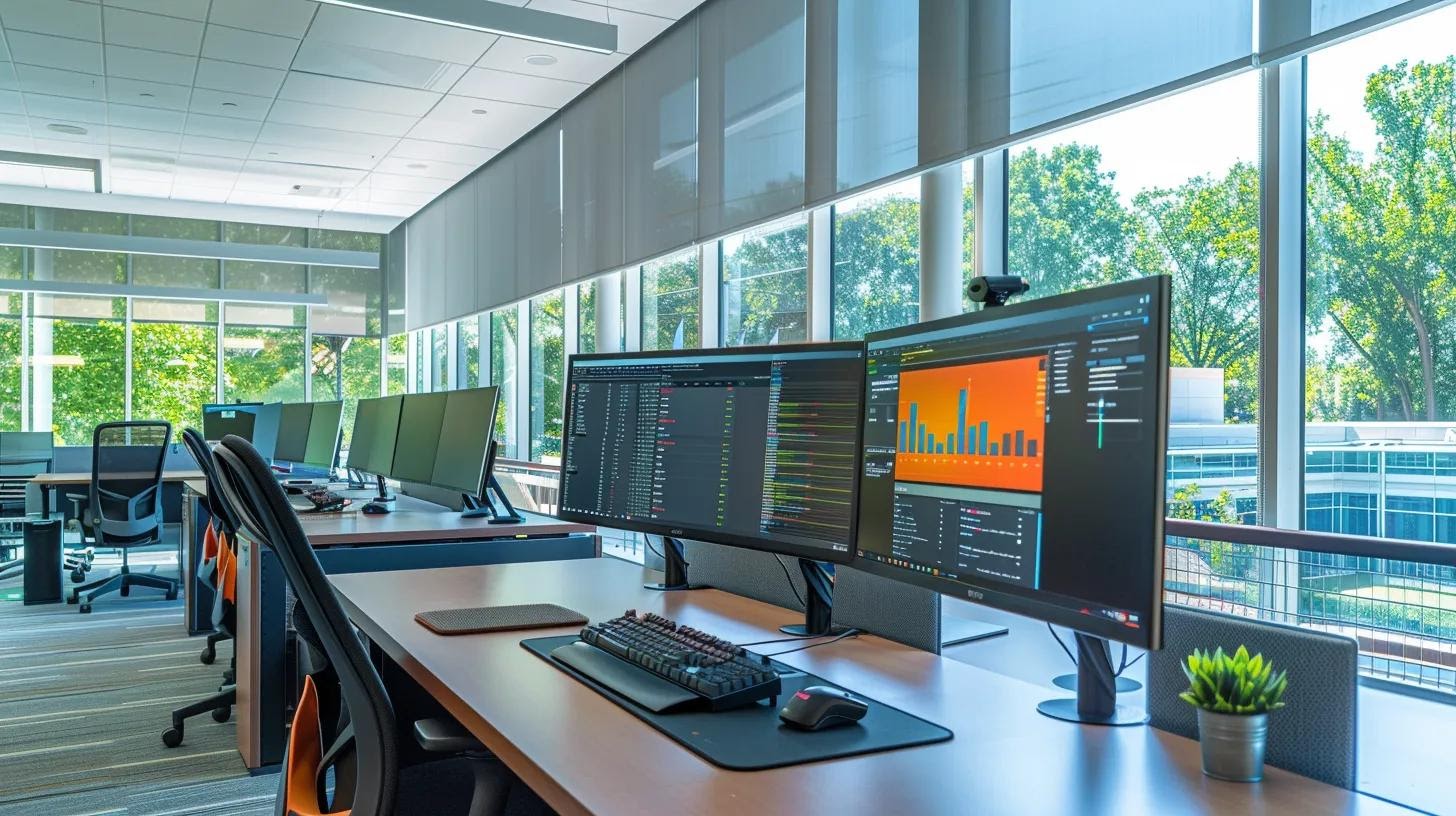a sleek, modern office workspace features multiple computer monitors displaying real-time analytics and code optimization metrics, illustrating the impact of streamlined web development practices on site performance and speed improvements.