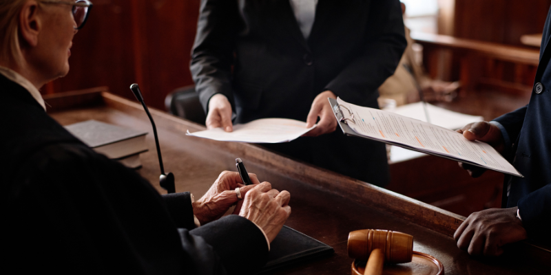 Attorney presenting a case before a judge and jury