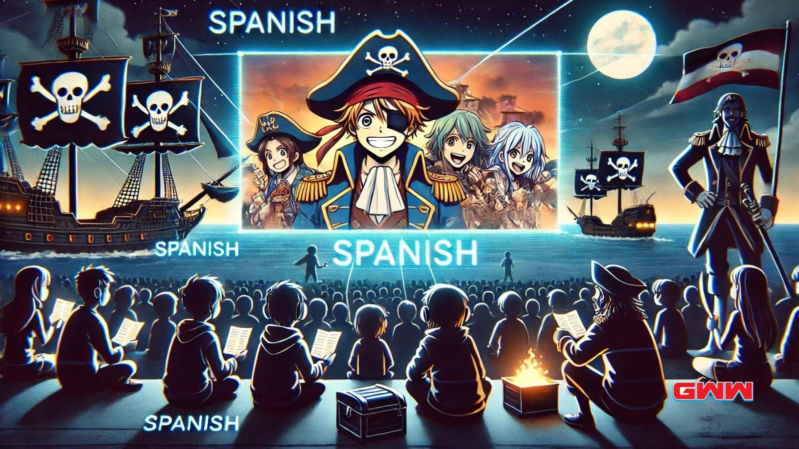 A nighttime scene featuring various pirate-themed anime characters watching their show on a large screen.