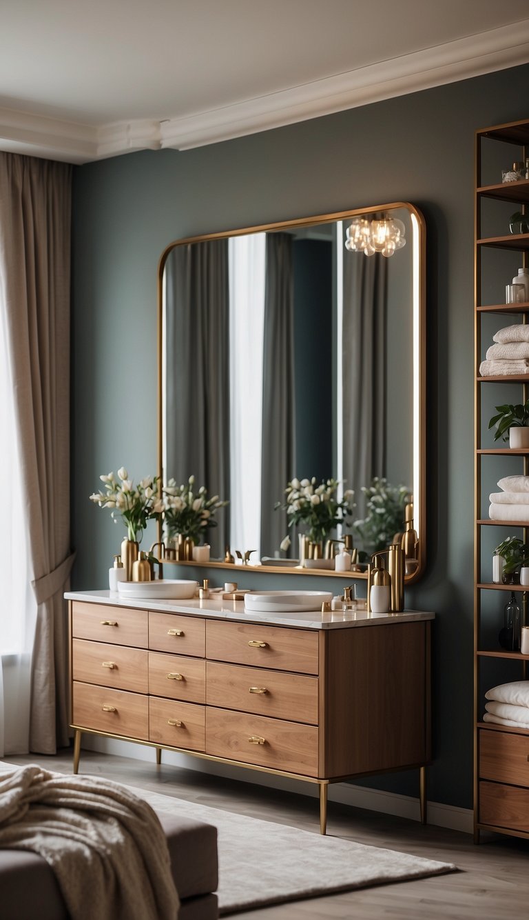 A double vanity dresser with matching mirrors in a cozy bedroom setting for couples