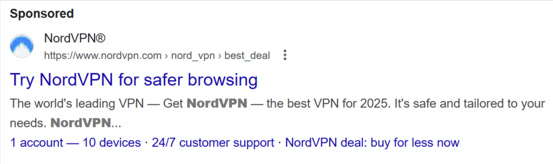 Sponsored ad for NordVPN promoting their VPN service, highlighting safety, device support, and 24/7 customer support. Includes a call to action for deals
