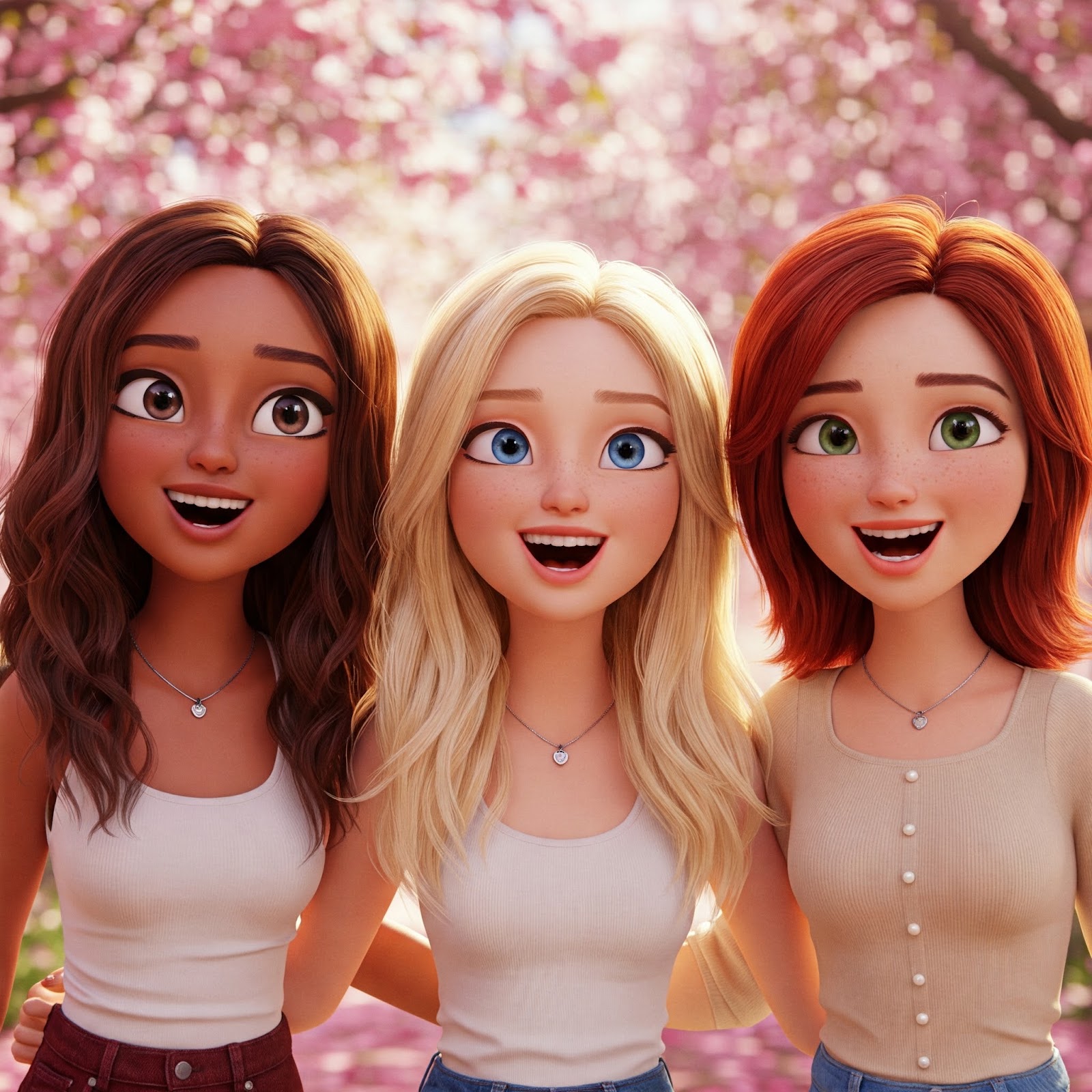 Pixar-inspired three young women with cherry blossom trees in the background
