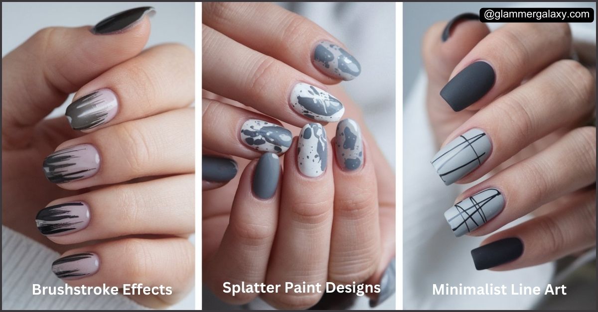 Three images of hands with nail art designs labeled brushstroke effects, splatter paint designs, and minimalist line art.