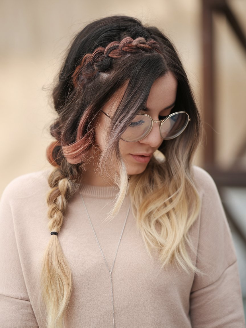 21. Ombre Braided Ponytail with Loose Curls