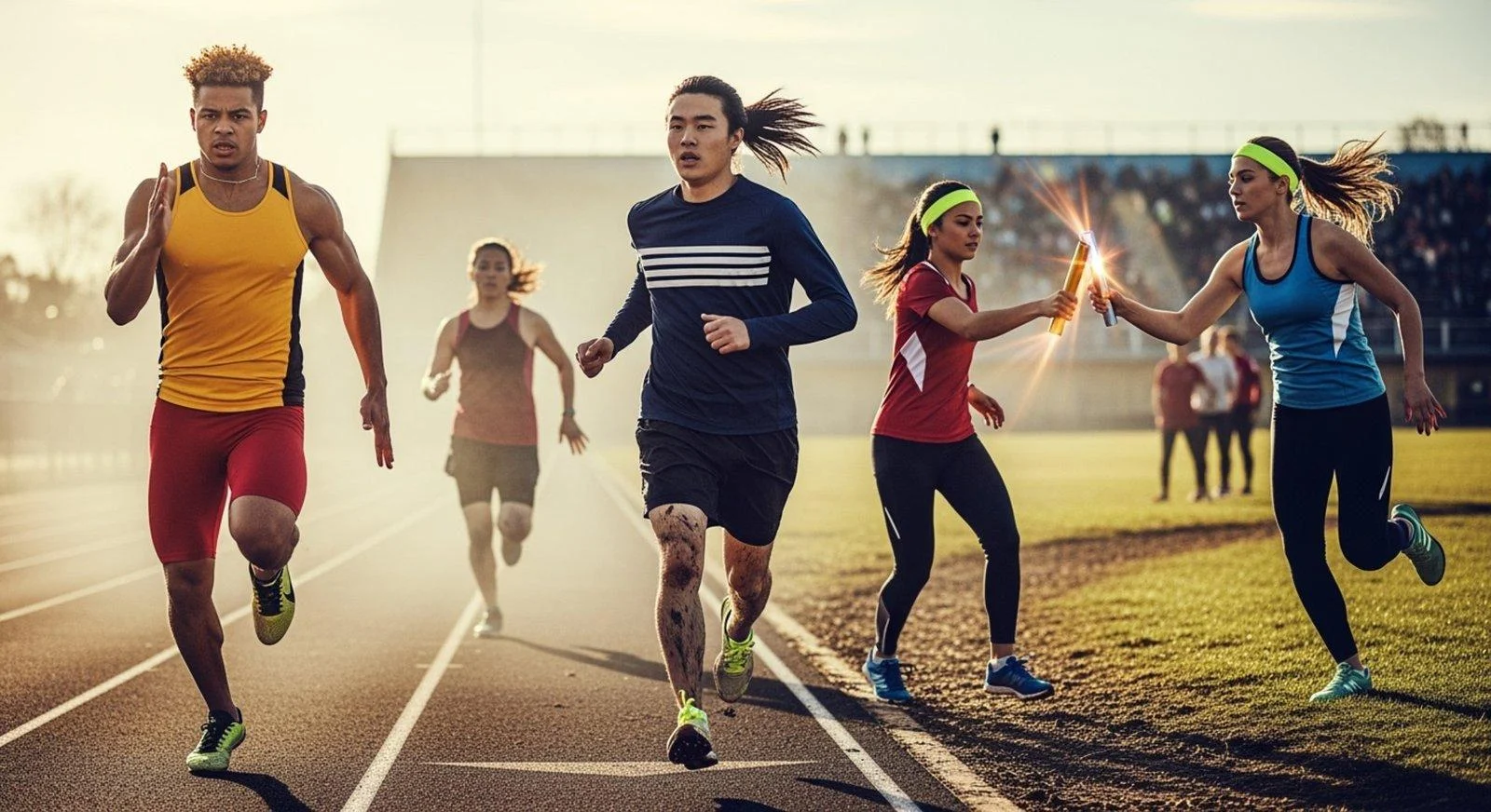High school student-athletes competing in various track and field events with modern athletic gear and intense energy.