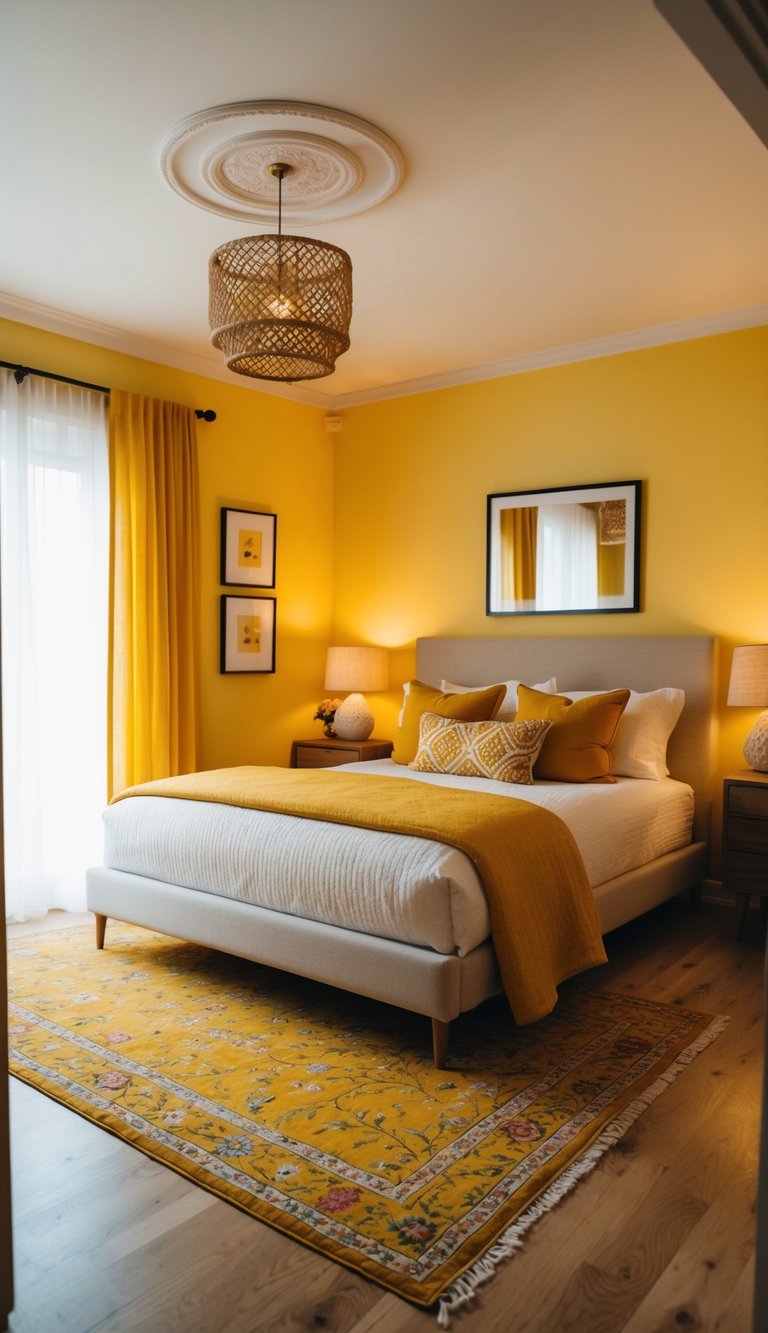 A cozy yellow bedroom with a saffron rug, warm lighting, and inviting decor