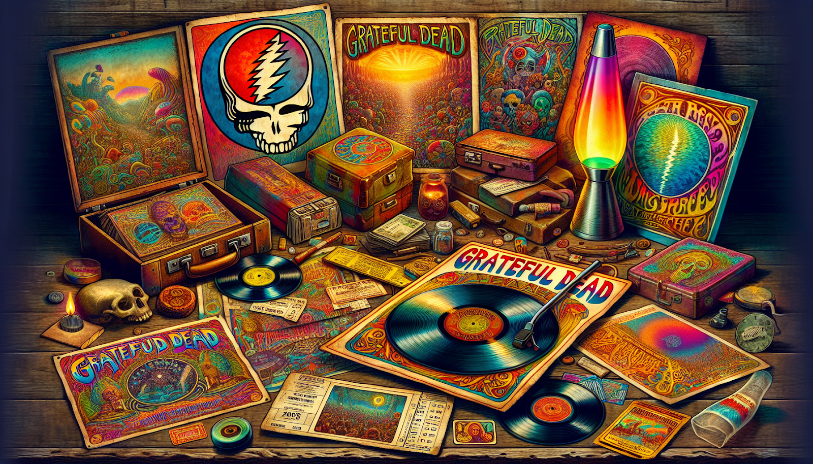 Illustration of a collection of Grateful Dead memorabilia