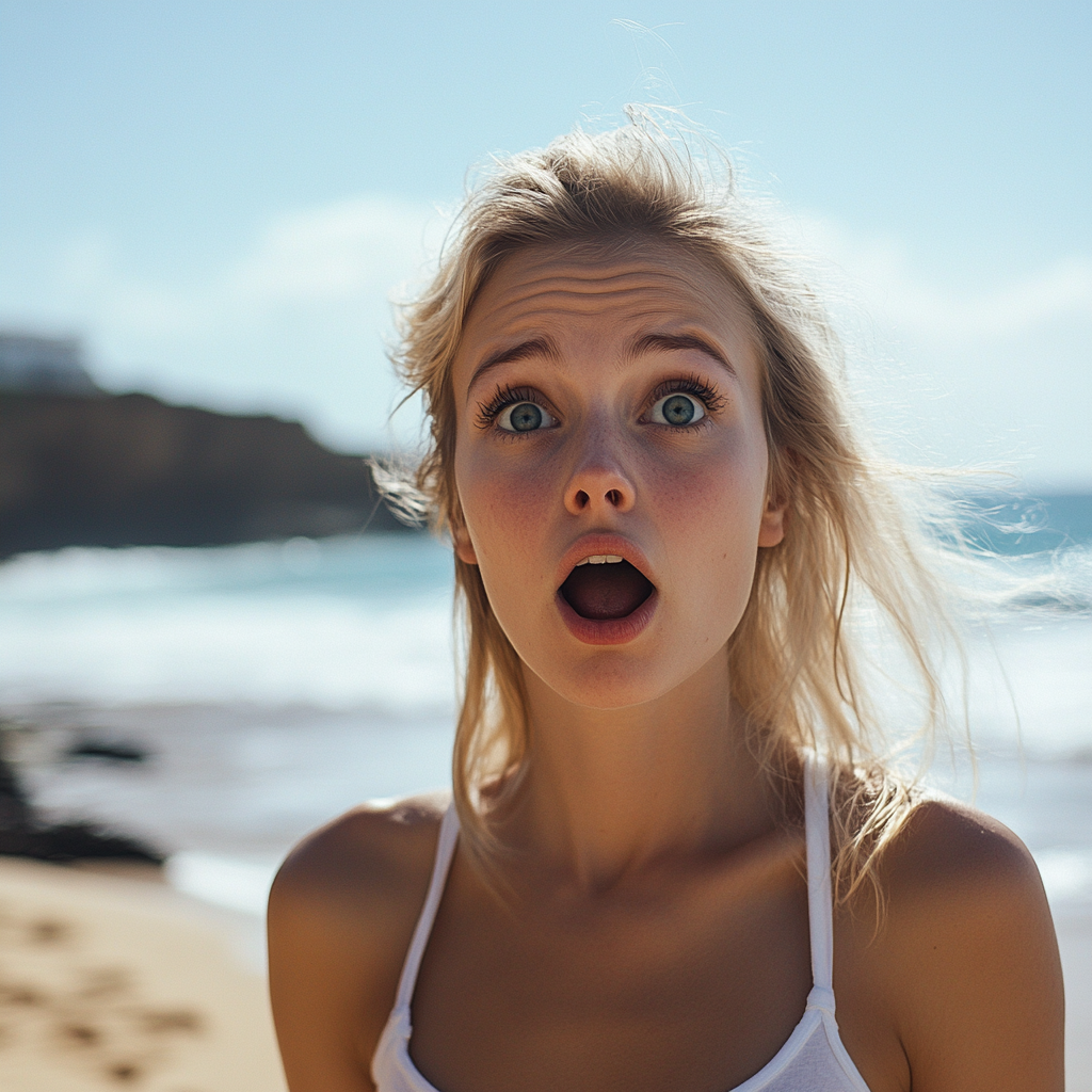 A shocked woman at the beach | Source: Midjourney