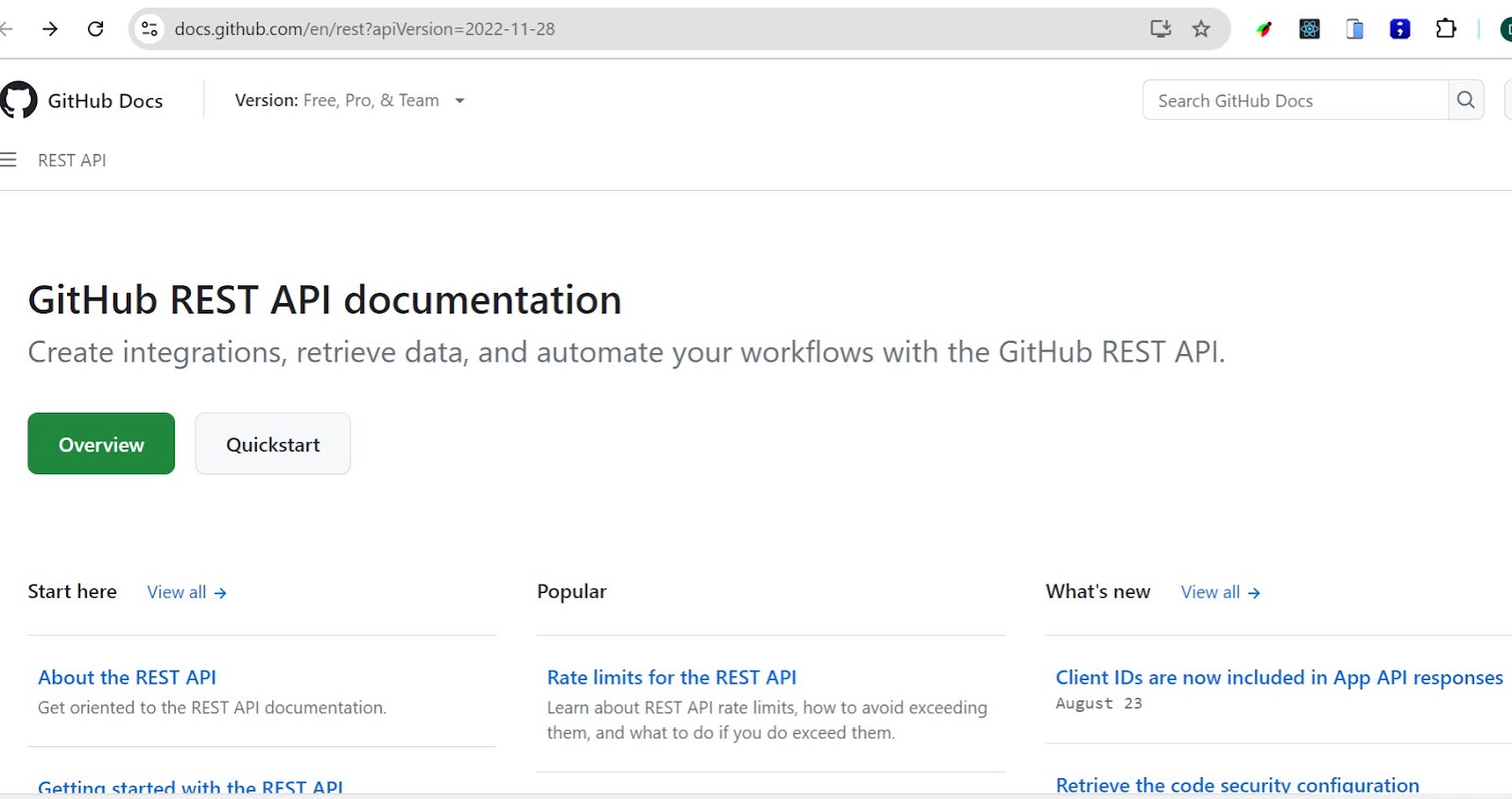 An image showing the GitHub REST API documentation