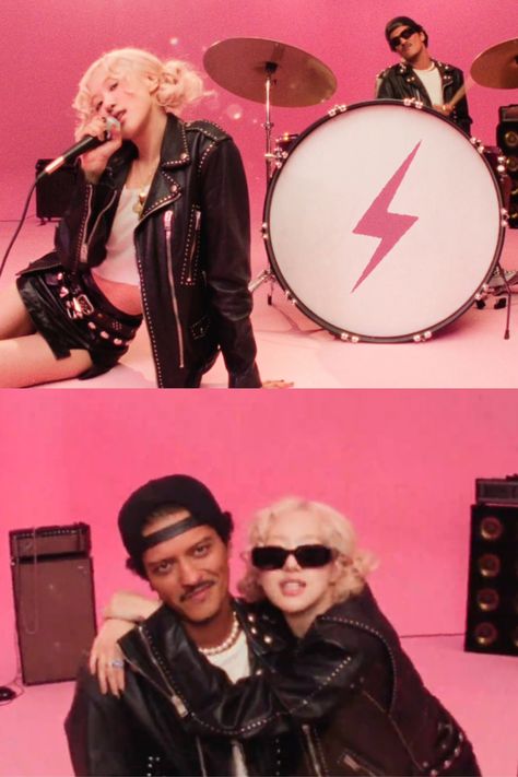 This contain two pictures  BLACKPINK's Rosé and Bruno Mars  of the same man and woman in front of a pink background, one is singing