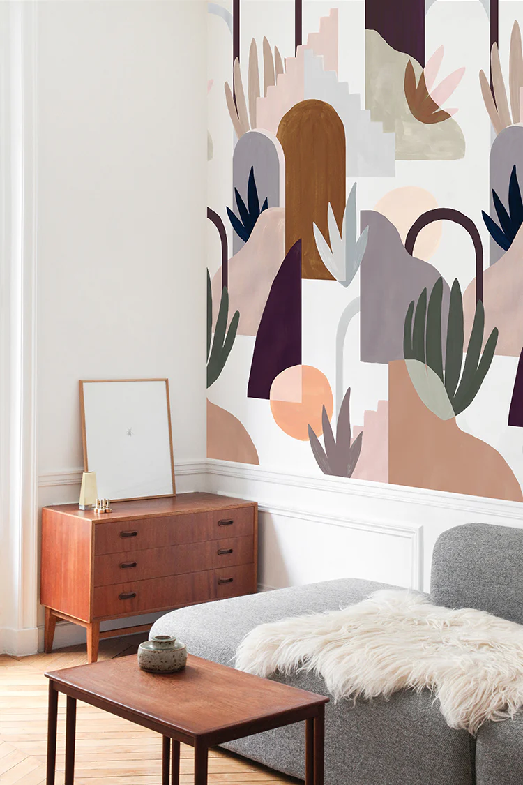 Geometric hand painted wallpaper in living room