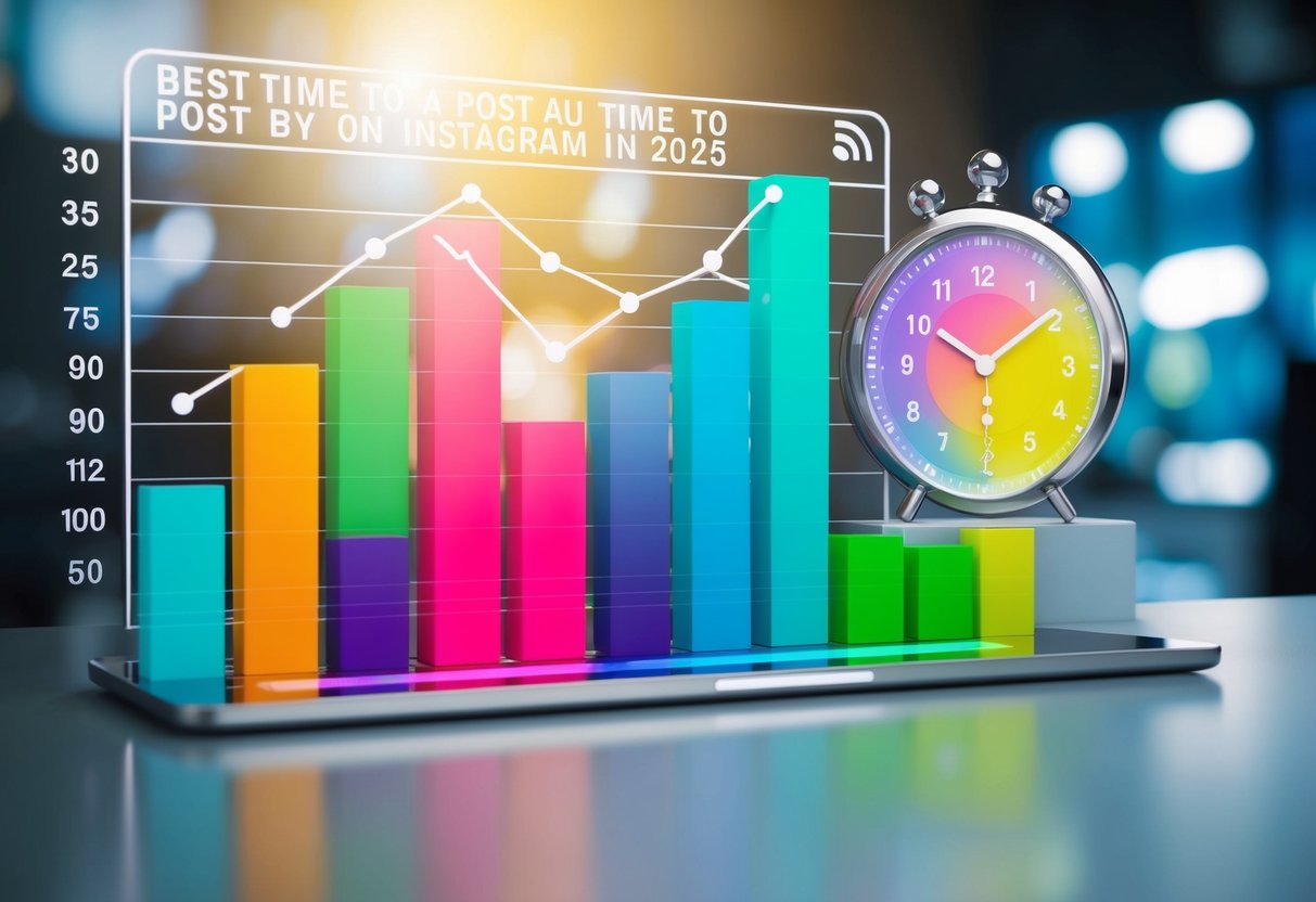 A colorful graph displaying fluctuating activity levels on a digital screen, with a clock showing the best time to post on Instagram in 2025