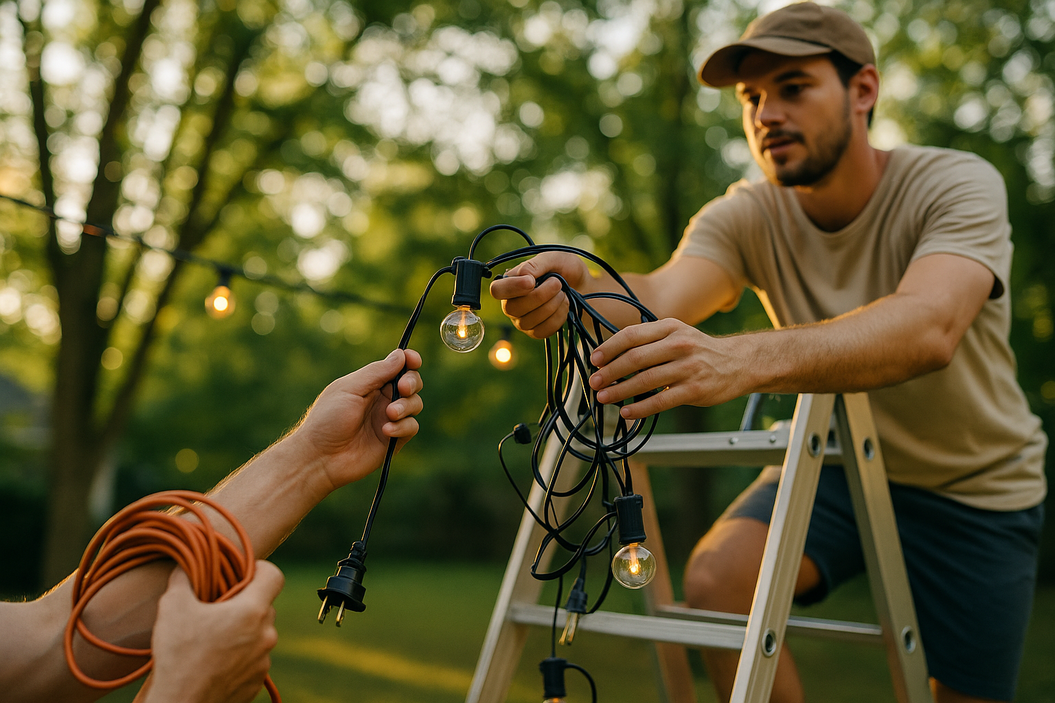 A man on a ladder receiving string lights from a friend in a backyard, with coiled extension cords and glowing bulbs, set in warm late afternoon sunlight beneath tall green trees.