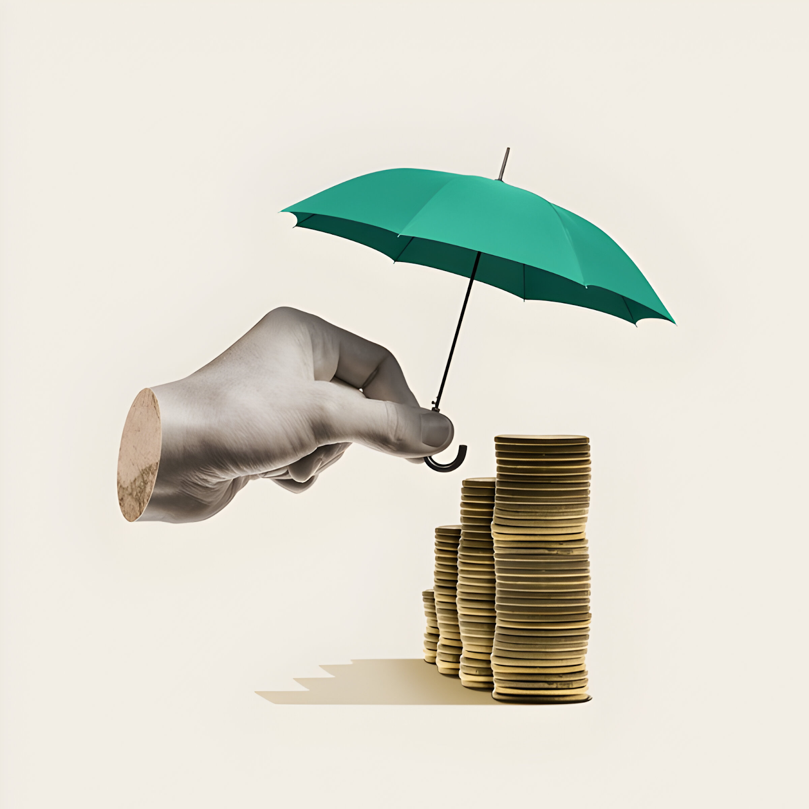 A hand holding a green umbrella protecting stacked coins, symbolizing the role of accountants in ensuring financial stability.