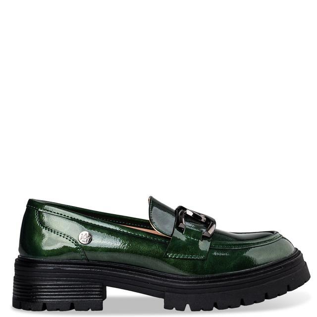 A green shiny shoe with a black sole

Description automatically generated