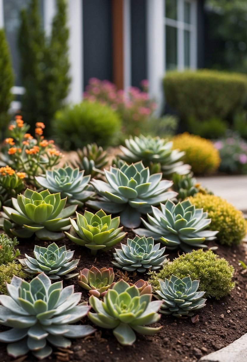 A front yard with various succulent arrangements, creating a beautiful and low-maintenance landscape