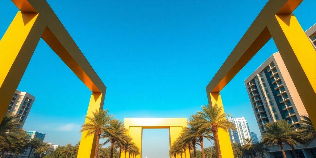 Golden Dubai Frame against blue sky and greenery.