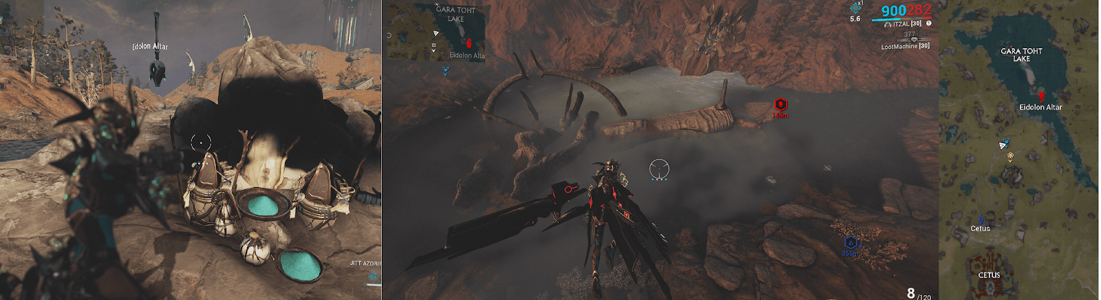 r/Warframe - De izquierda a derecha: El Altar, vista aérea del lago Gara Toht y las ubicaciones del lago y el Altar en el mapa relativo a Cetus