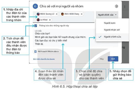 BÀI 6: LƯU TRỮ VÀ CHIA SẺ TỆP TIN TRÊN INTERNETChào mừng các em đến với bài học ngày hôm nay!Thông qua video này, các em sẽ nắm được các kiến thức và kĩ năng như sau:Nắm được kiến thức chung về công cụ để lưu trữ và chia sẻ tệp tin trên mạng Internet.Sử dụng được một số công cụ trực tuyến như Google Drive hay Drop Box... để lưu trữ và chia sẻ tệp tin.HOẠT ĐỘNG KHỞI ĐỘNGTrước khi vào bài giảng, cô có nhiệm vụ sau cho các em:Nhóm em đang cùng nhau làm một bài tập nhóm. Em được giao kế hoạch và phân công công việc cho cả nhóm. Có những cách nào để chia sẻ văn bản này cho các thành viên trong nhóm?Các nhóm hãy tự thảo luận và đưa ra các phương án, chỉ ra ưu nhược điểm của các phương án đó.HOẠT ĐỘNG HÌNH THÀNH KIẾN THỨC