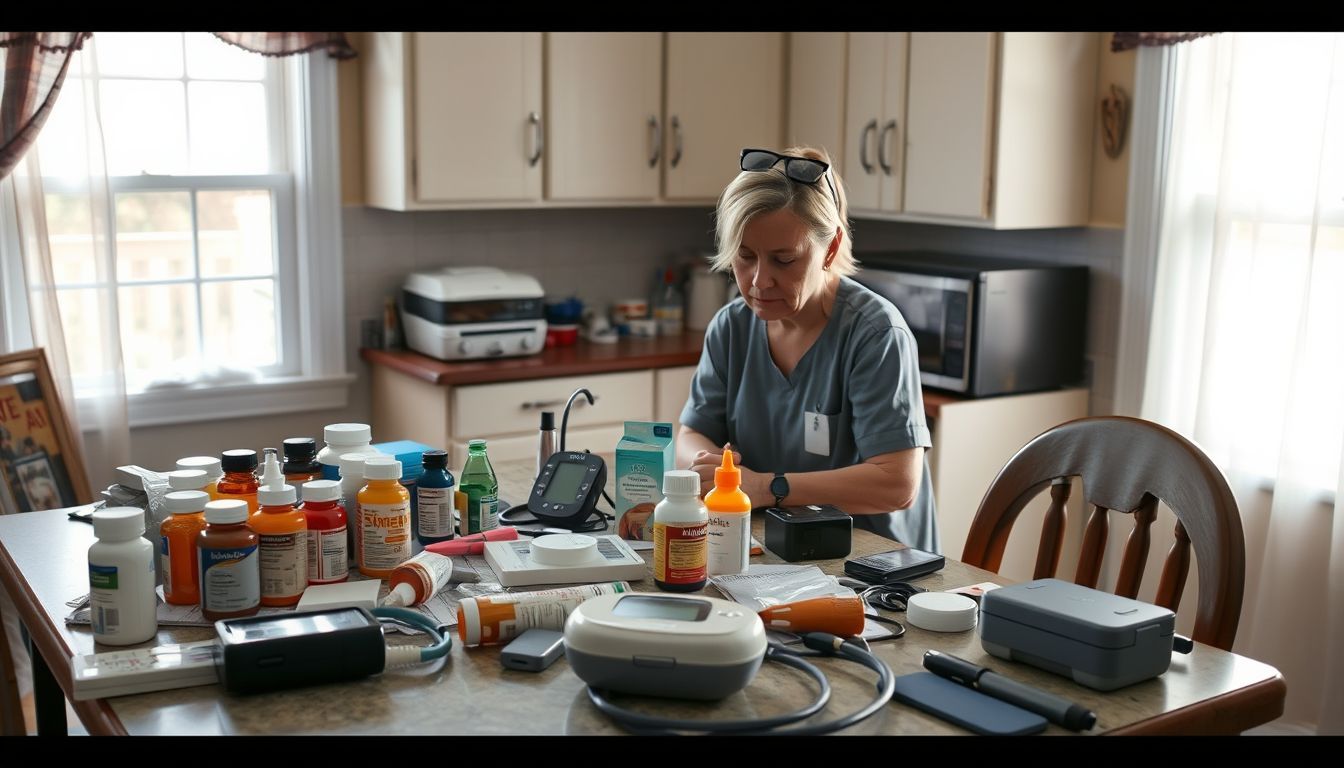 A cluttered kitchen table with medicine bottles and personal care items.