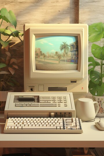 An early model of a computer surrounded by plants.