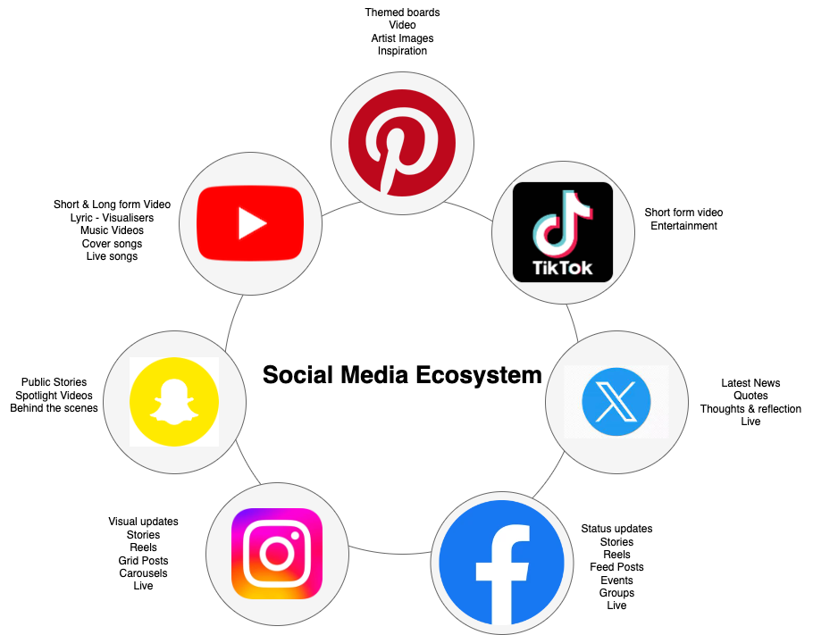 An overview of a social media ecosystem for music artists and the types of content needed