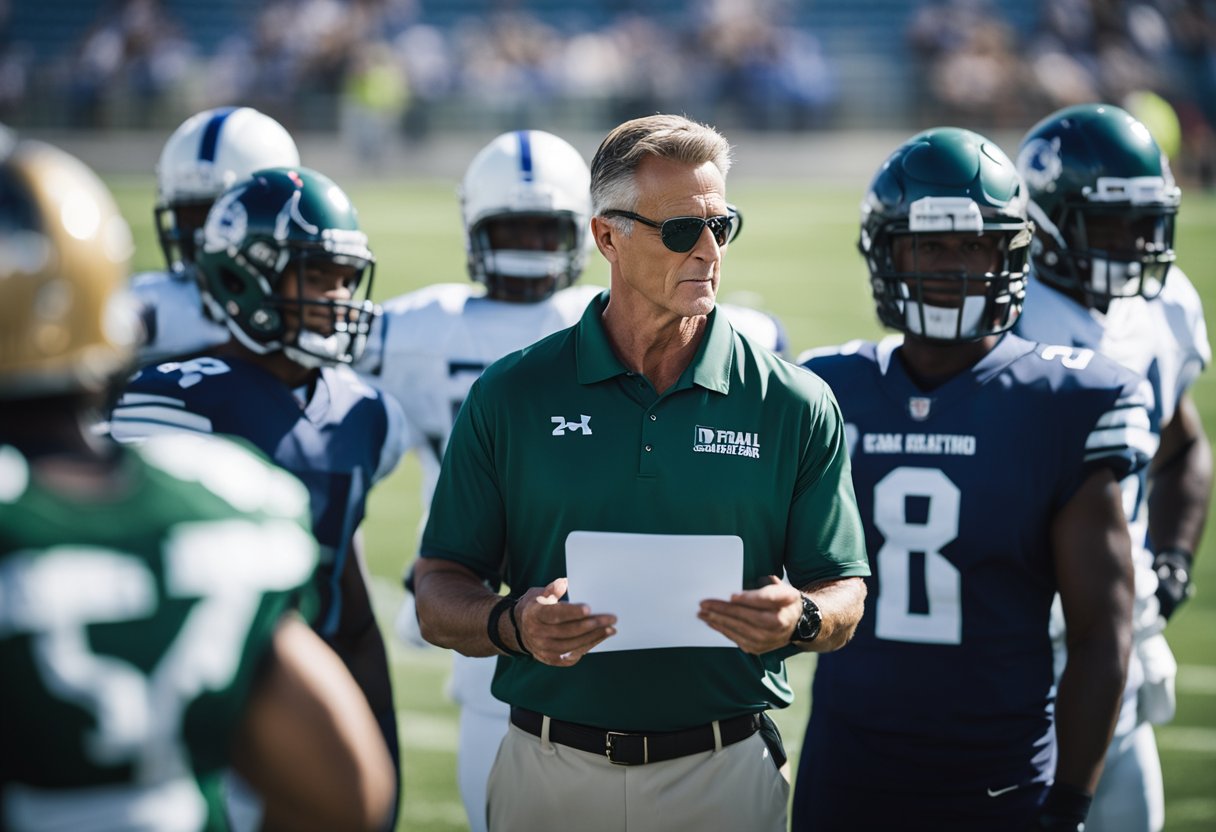 A football coach stands on the sideline, clipboard in hand, directing players on the field. The team strategizes and plans their next move