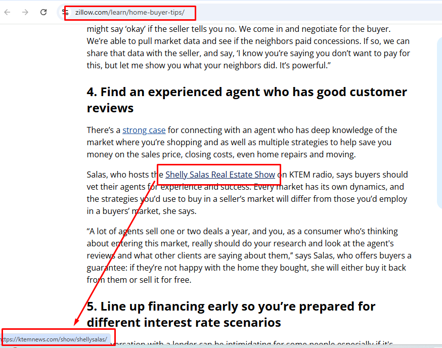 Screenshot of blog post on Zillow showing a backlink to another website