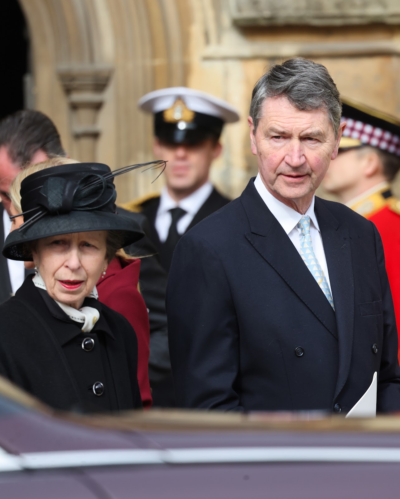 Princess Anne and Sir Timothy Laurence leaving the Thanksgiving Service for King Constantine of the Hellenes at St George's Chapel in Windsor, England, on February 27, 2024. | Source: Getty Images