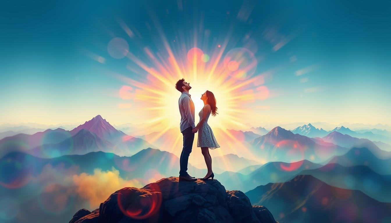 A couple holding hands, standing on top of a mountain with their eyes closed, surrounded by a colorful aura of positive energy and love. The mountain represents the journey they have gone through together, and the aura symbolizes the strength and passion of their relationship. In the background, there are several other mountains, each representing the challenges they have faced and overcome as a team. The image should convey a sense of peacefulness, joy, and fulfillment.