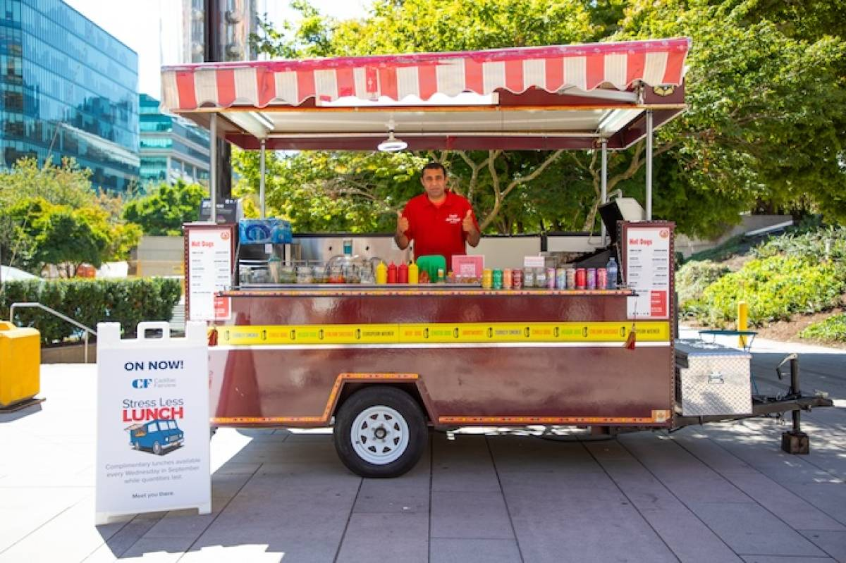 A hot dog truck participating in Stress Less Lunch