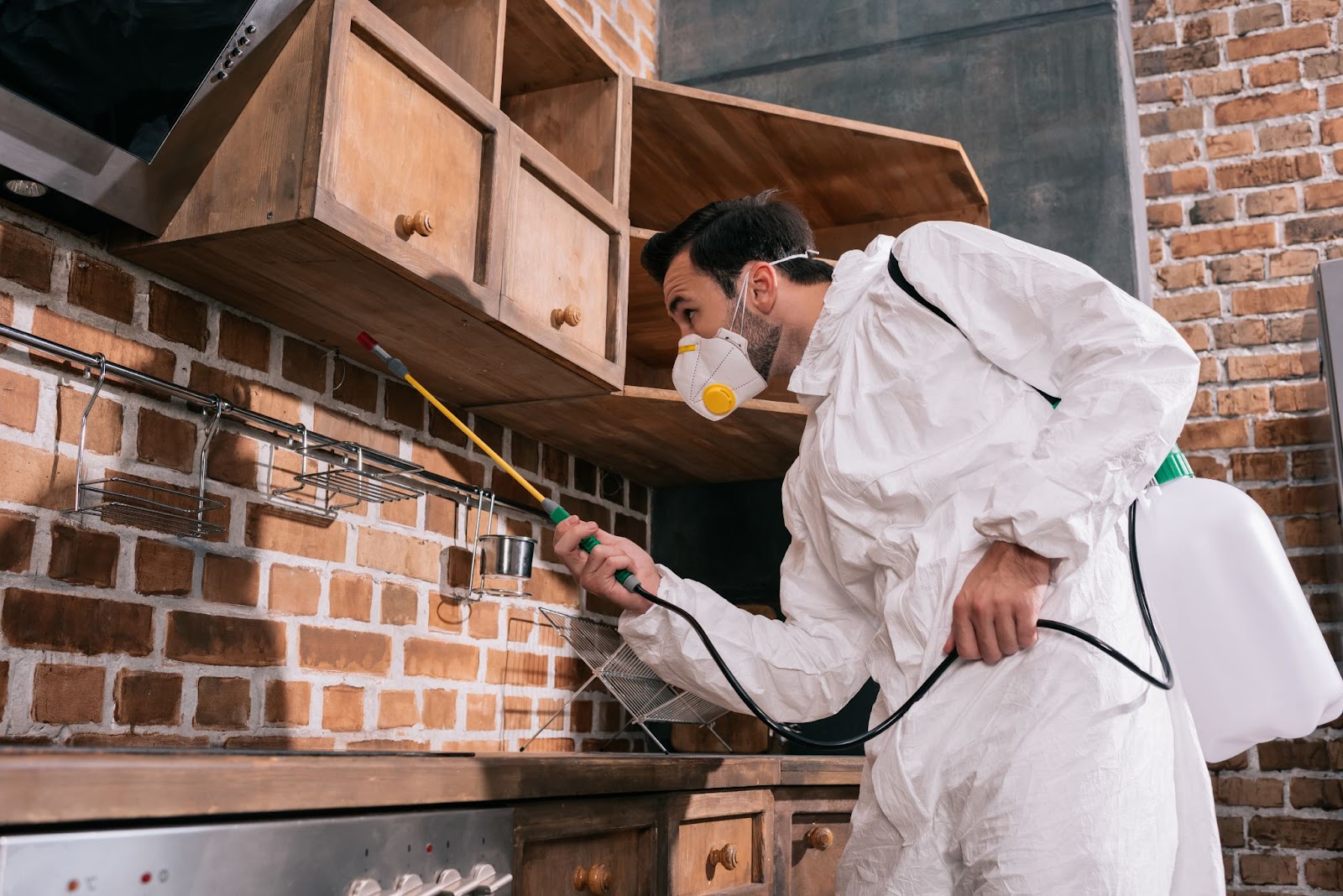 Professional pest control worker applying treatment under a kitchen shelf in a residential home.