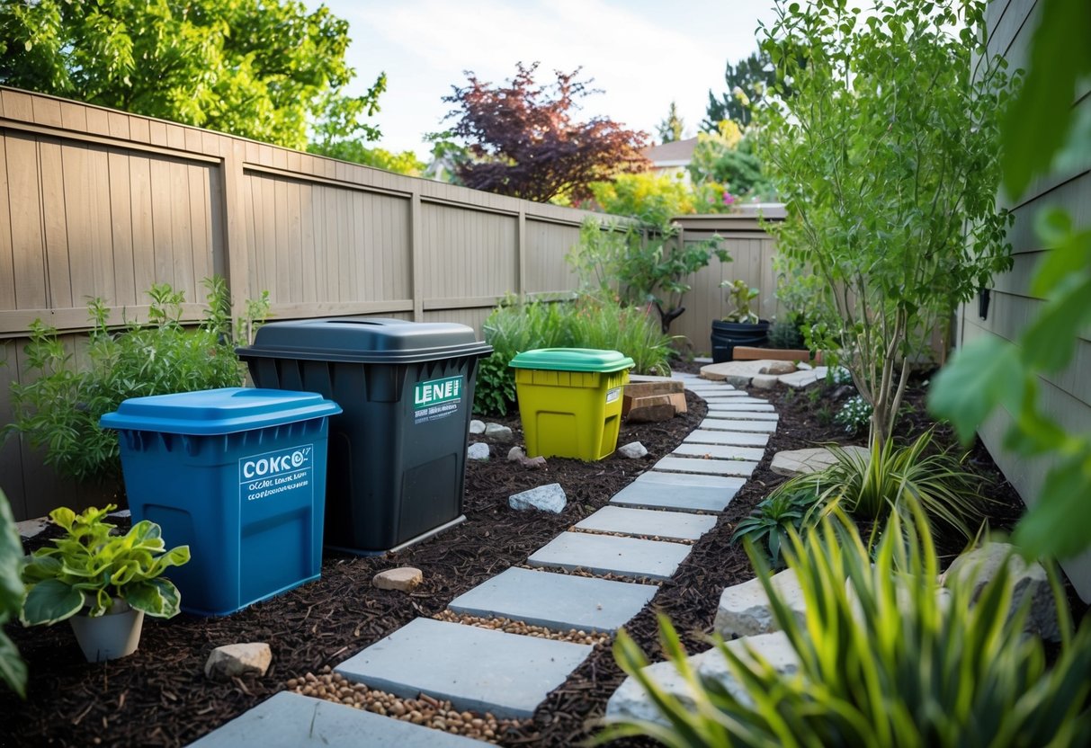 A backyard garden with a mix of recycled materials and compost bins, surrounded by low-cost landscaping features like mulch, rocks, and native plants