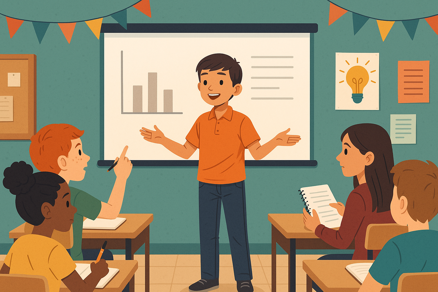 A male teacher in an orange shirt standing in front of a classroom of students what are speaking and engaging with the teacher