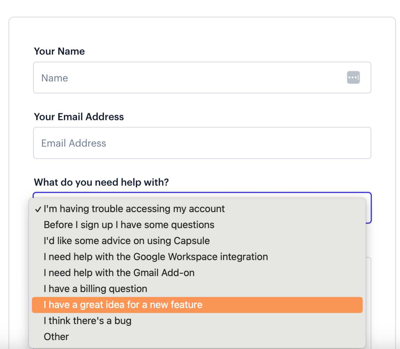 letting users request features through the contact form