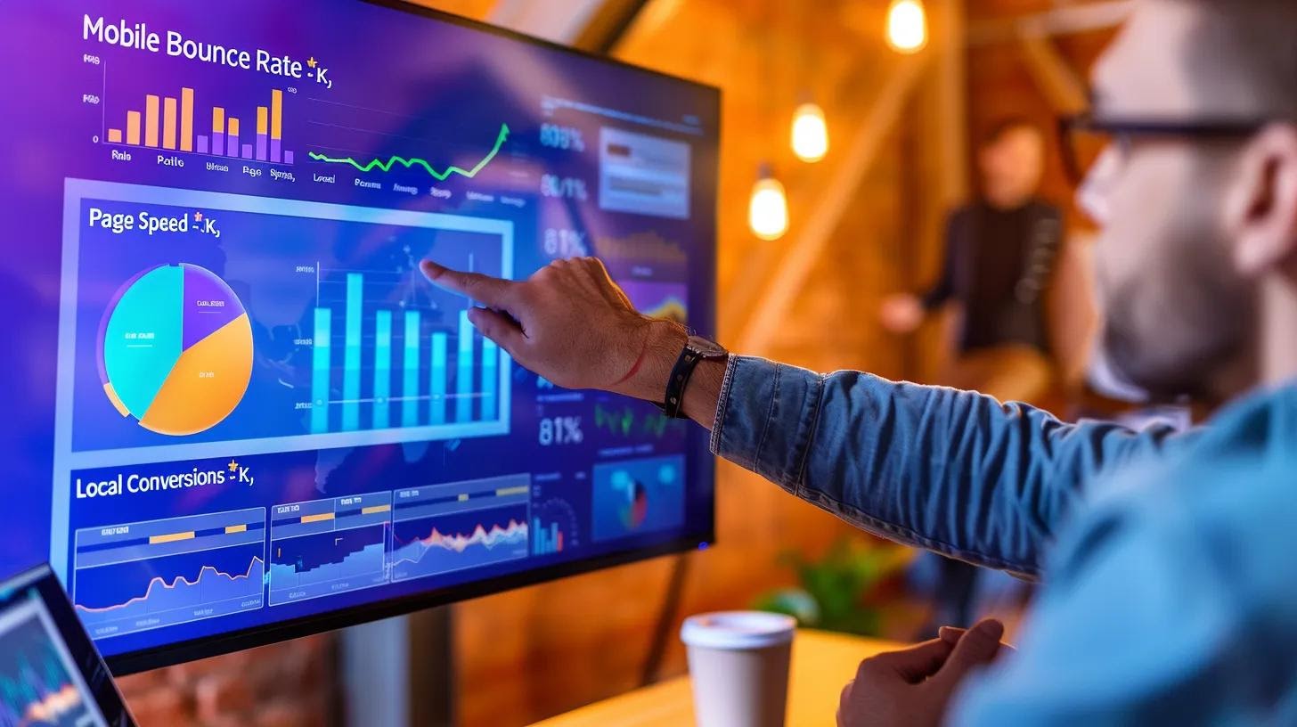 A marketing team reviewing Google Analytics or Search Console on a dashboard, with metrics like “Mobile Bounce Rate ↓,” “Page Speed ↑,” and “Local Conversions ↑” highlighted on charts.