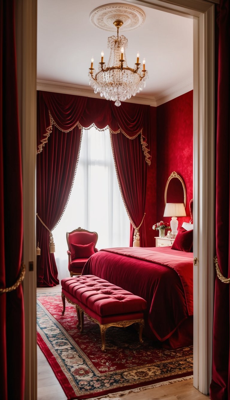 Crimson velvet drapes frame a luxurious red bedroom with opulent decor and rich textures