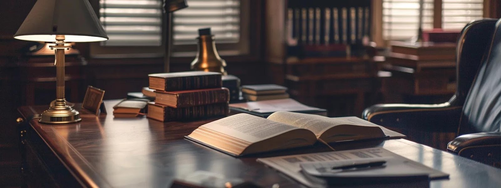 a polished law office interior with a sophisticated wooden desk, an open law book, and a focused lawyer reviewing car accident case files under warm, ambient lighting.
