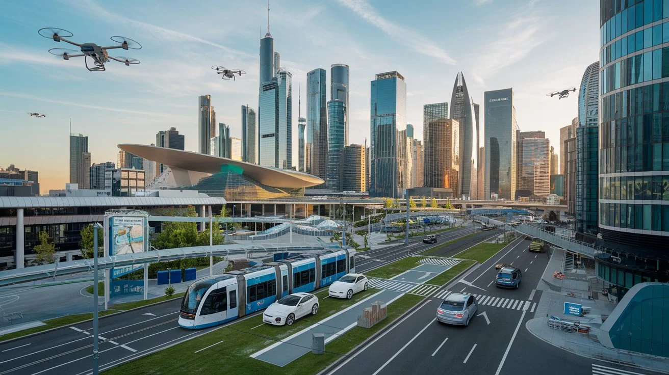 A futuristic city skyline illustrating the advanced technologies of ambient computing in urban life.