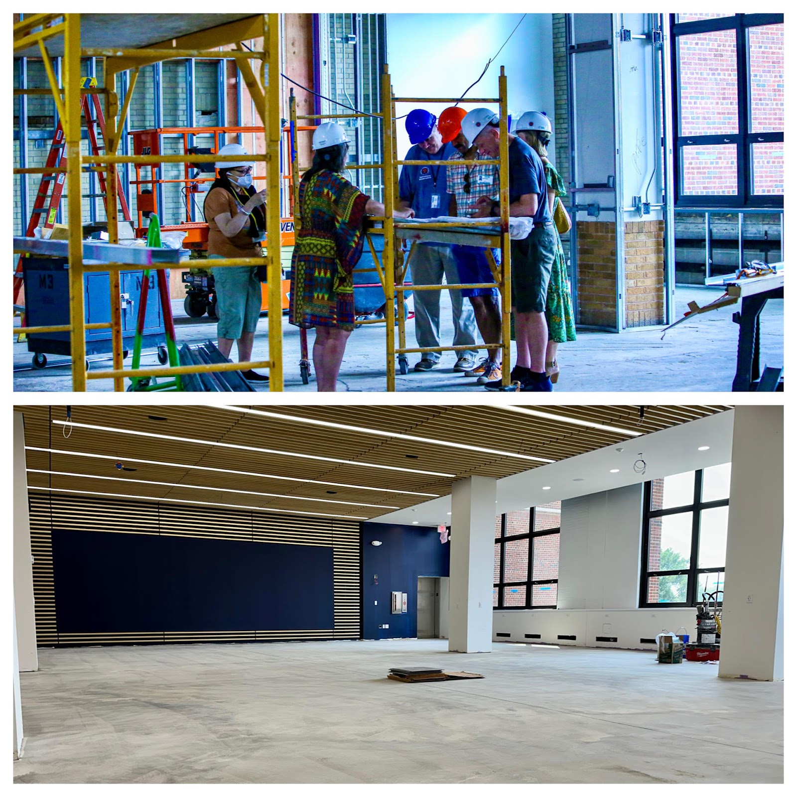 top picture shows construction workers with scaffolding in a large open space, bottom image shows large open, partially finished Alumni Hall space
