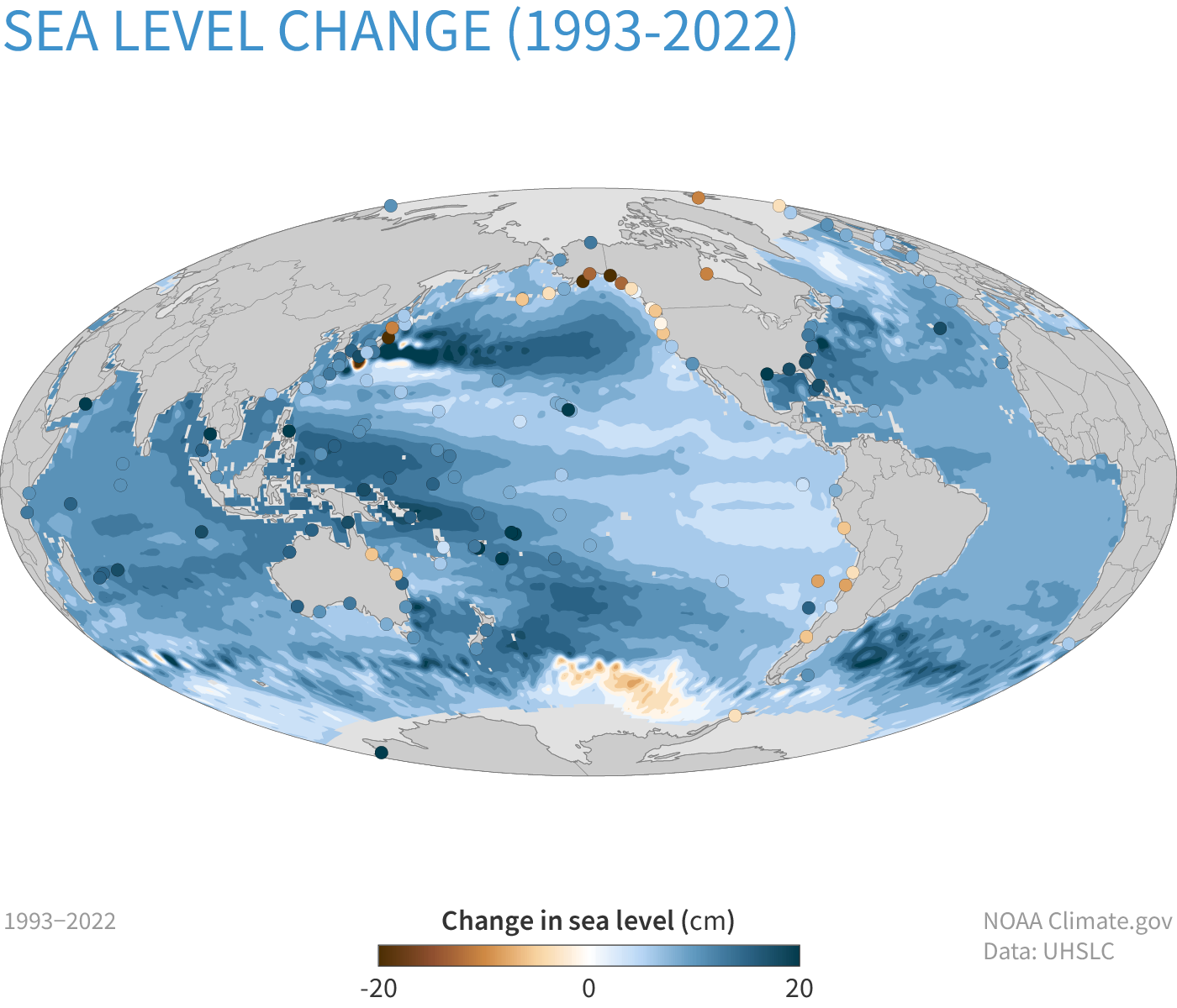 World map showing areas of rising sea levels. 