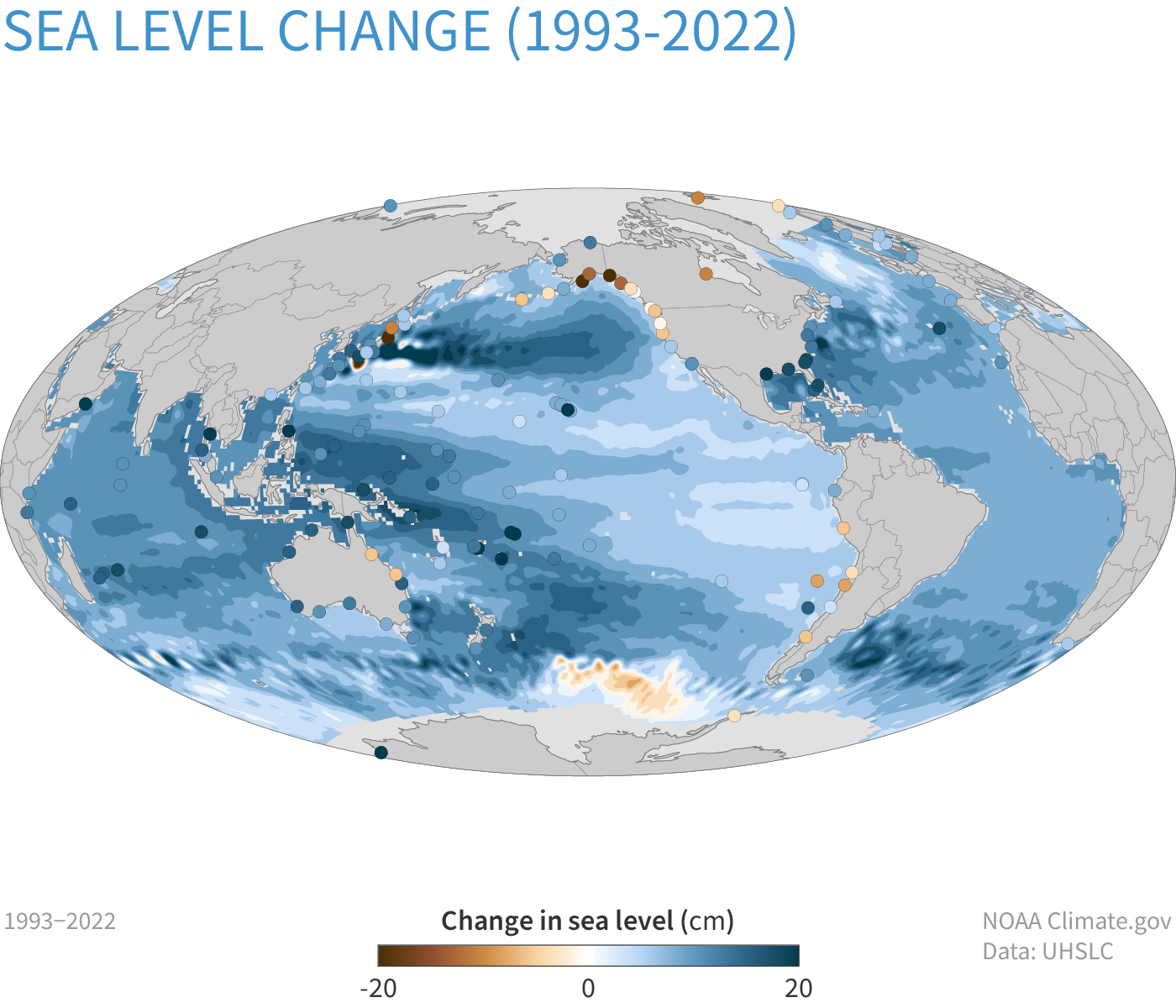 A world map showing areas of high sea level rise. 