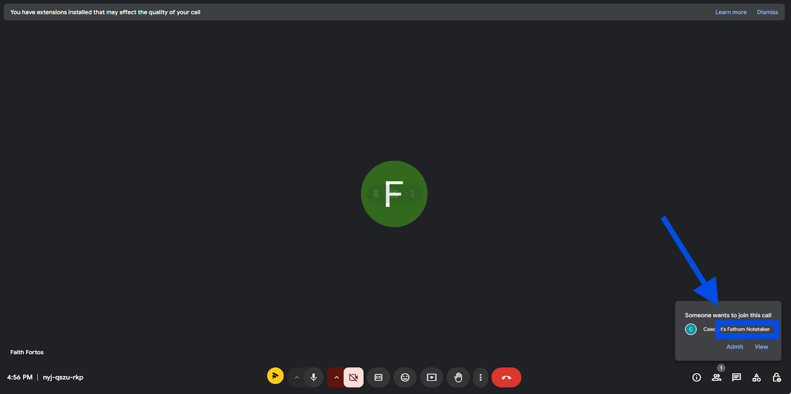 A notification on a screen showing a request for Fathom recorder to join a call, with an "Admit" button to grant access.